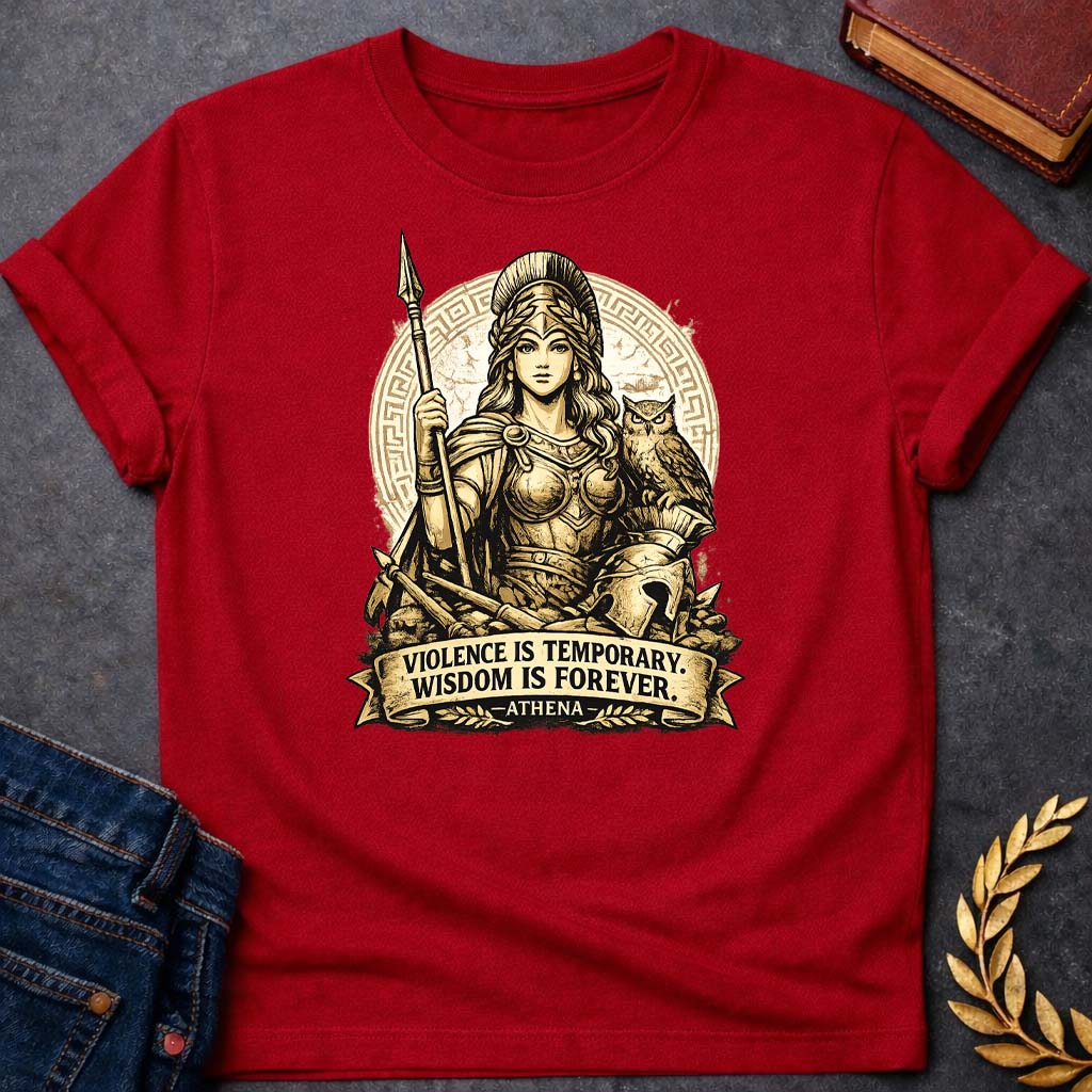 athena violence is temporary wisdom is forever greek mythology youth t shirt featuring owl, laurel wreath, wisdom symbolism in vintage Greek mythology design