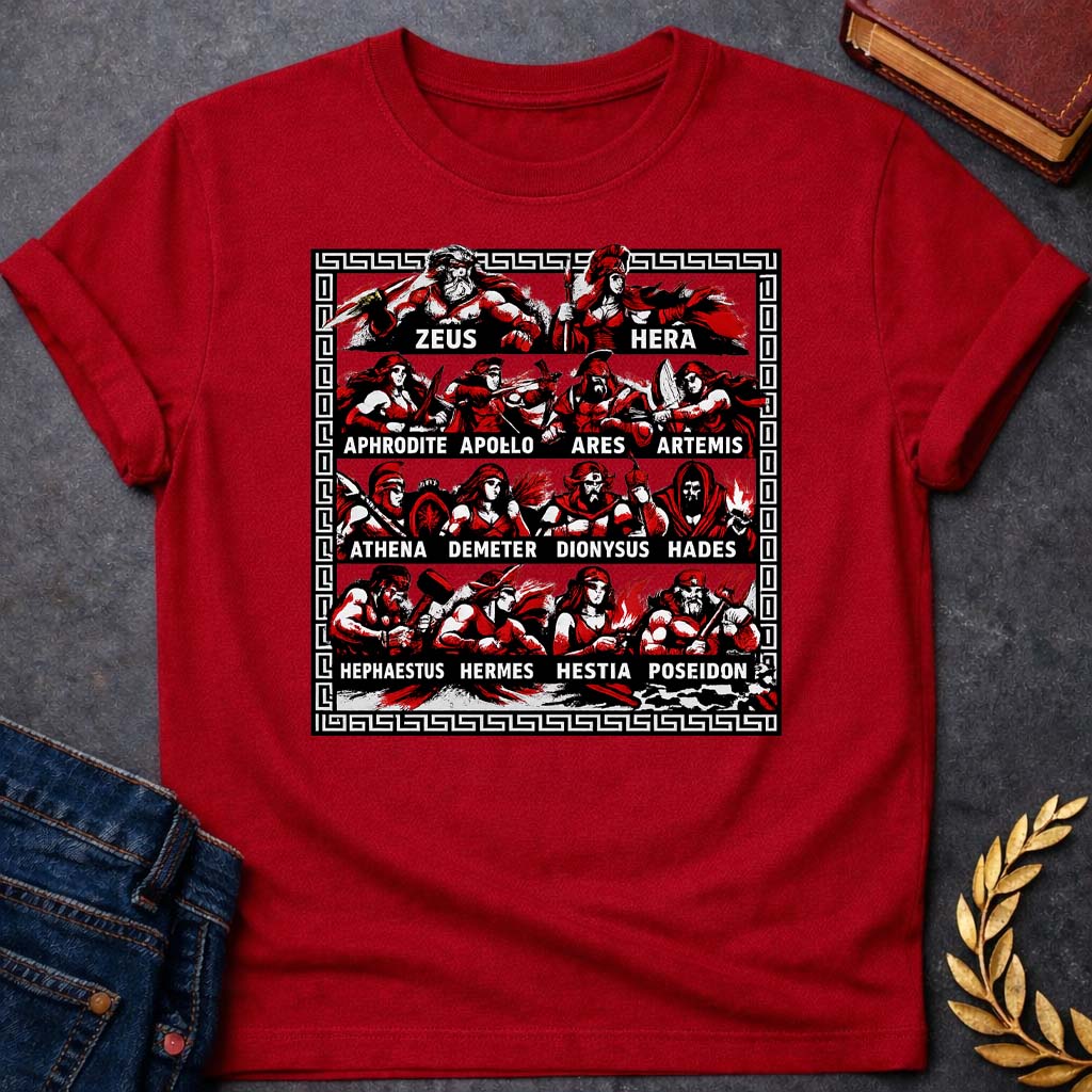 the olympian gods battle mode greek mythology adult t shirt featuring detailed Greek mythology artwork, symbolic design, and bold graphic style