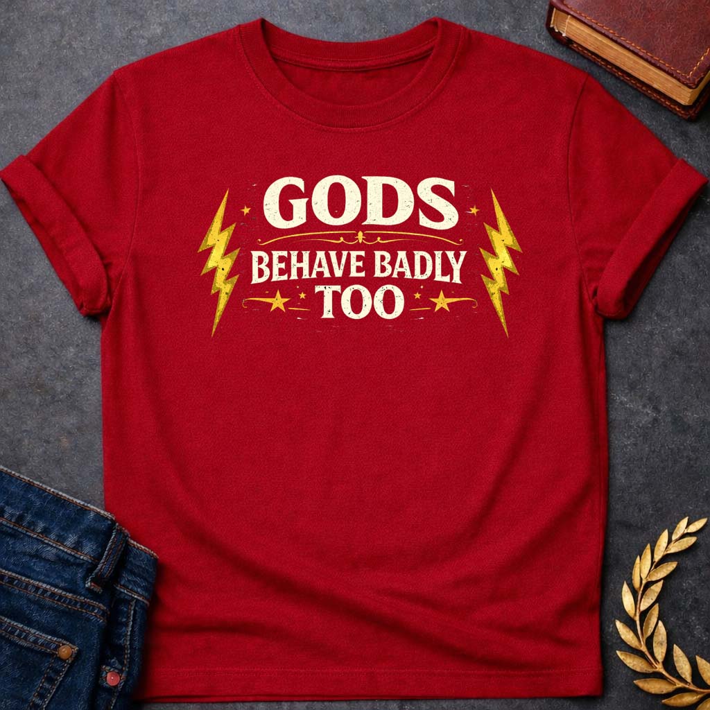 zeus gods behave badly too greek mythology youth t shirt featuring lightning bolt, sky god power symbolism in bold Greek mythology design