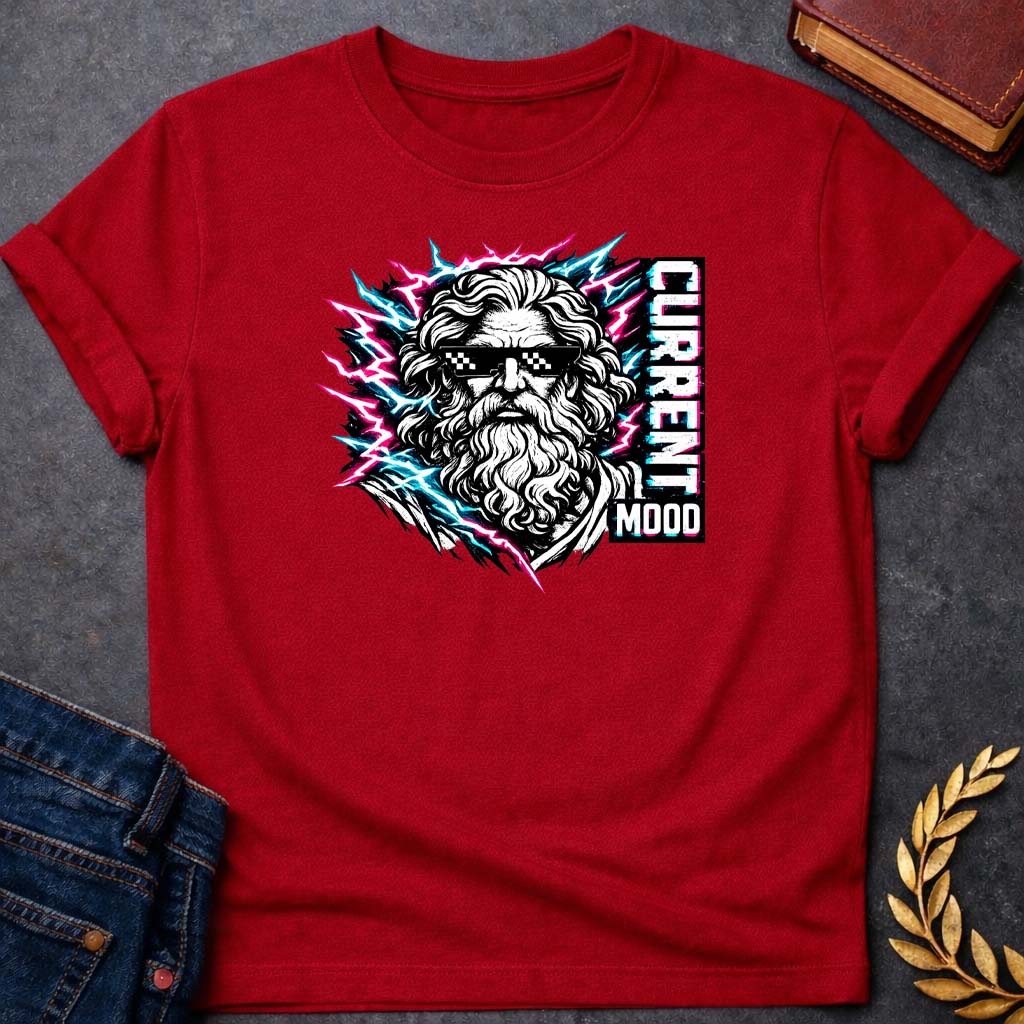 zeus current mood greek mythology youth t shirt featuring lightning bolt, sky god power symbolism in bold Greek mythology design