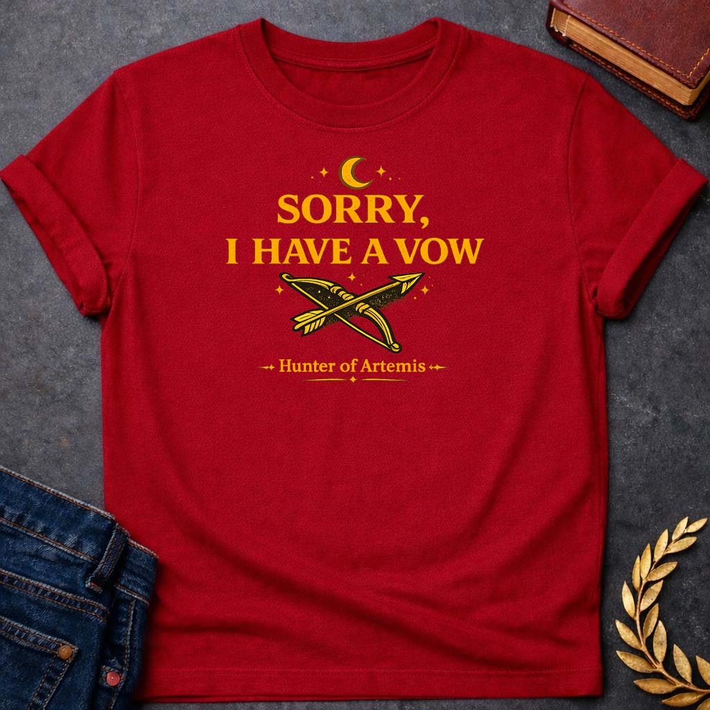 artemis sorry i have a vow mythology adult t shirt featuring detailed Greek mythology artwork, symbolic design, and bold graphic style