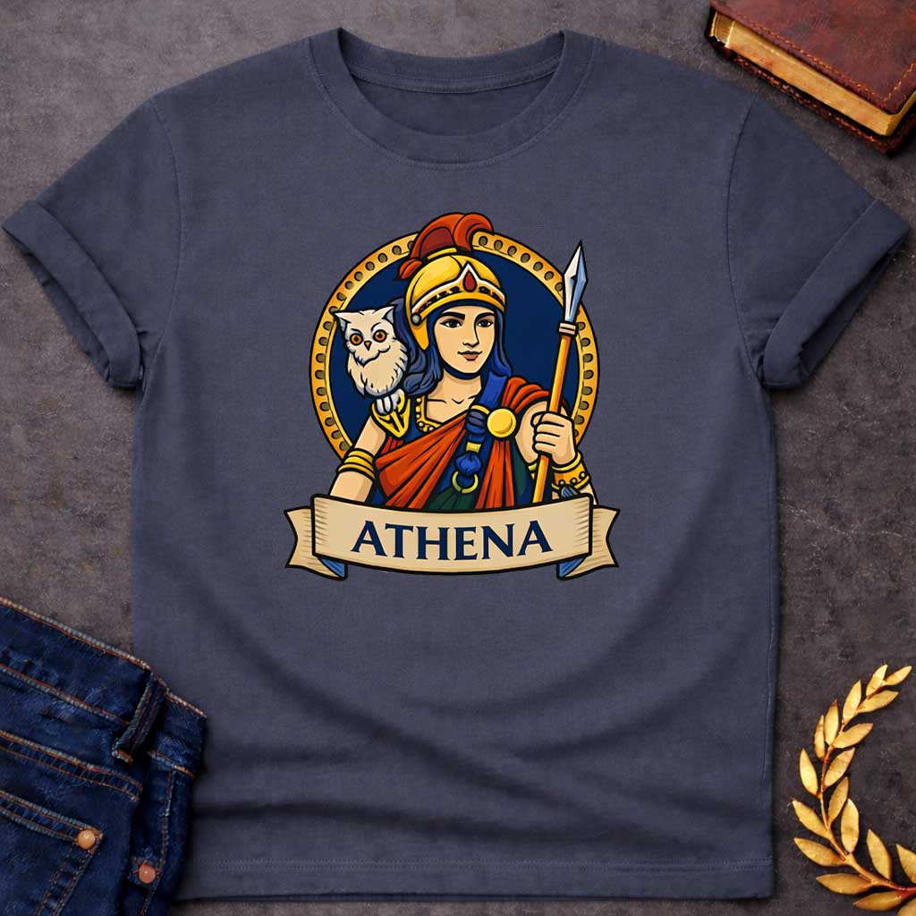 Dark Heather unisex t-shirt laid flat, featuring a colorful Greek mythology badge graphic of Athena in a golden helmet holding a spear, with a white owl on her shoulder, above a banner reading "ATHENA"