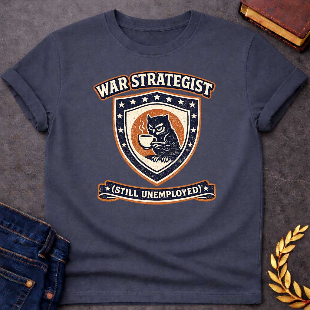 Dark Heather T-shirt graphic featuring a vintage varsity-style crest in navy, orange, and cream. A grumpy owl holding a steaming coffee cup is centered on a shield surrounded by stars. An arched banner above reads "War Strategist" and a ribbon banner below reads "(Still Unemployed)," giving the design a humorous tone