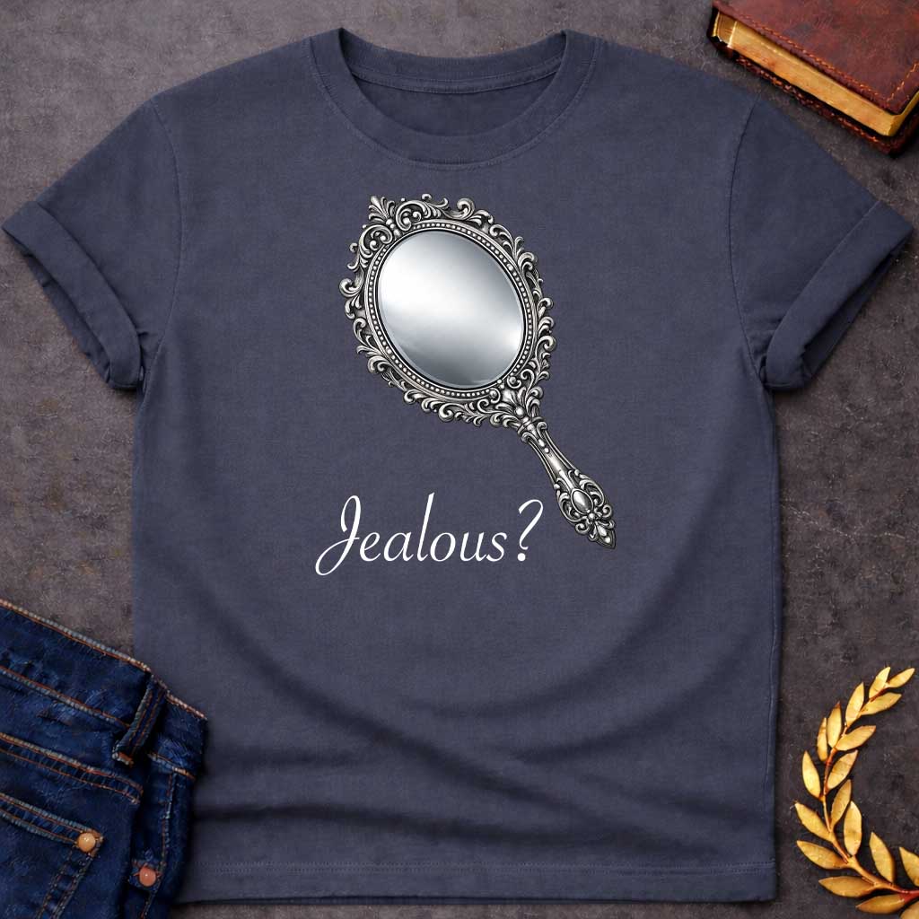 Dark Heather T-shirt graphic featuring an ornate silver hand mirror with an oval reflective face, decorated with intricate baroque-style scrollwork, floral motifs, and beaded detailing along the frame and handle, set against a solid black background. Associated with Aphrodite, Greek Mythology Goddess of Love