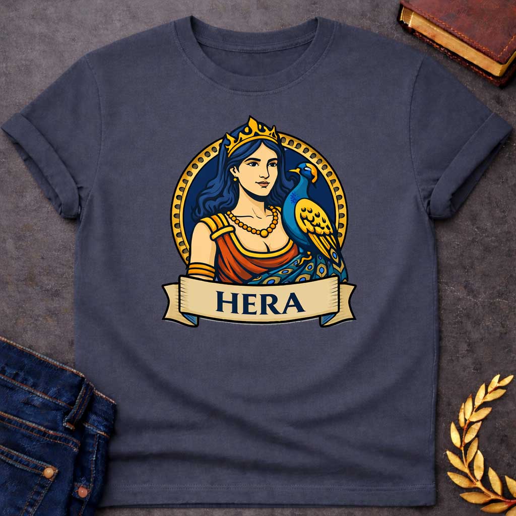 Dark Heather T-shirt graphic featuring a vibrant illustrated portrait of Hera, the Greek Queen of the Gods, with long dark blue wavy hair and a gold crown, wearing a red draped robe with gold arm bands and a gold beaded necklace, with a blue and gold peacock perched at her side displaying its ornate tail feathers. She is framed within a gold circular border against a navy background, with a scroll banner below reading "Hera," in a bold tattoo-inspired style with navy, gold, and red tones