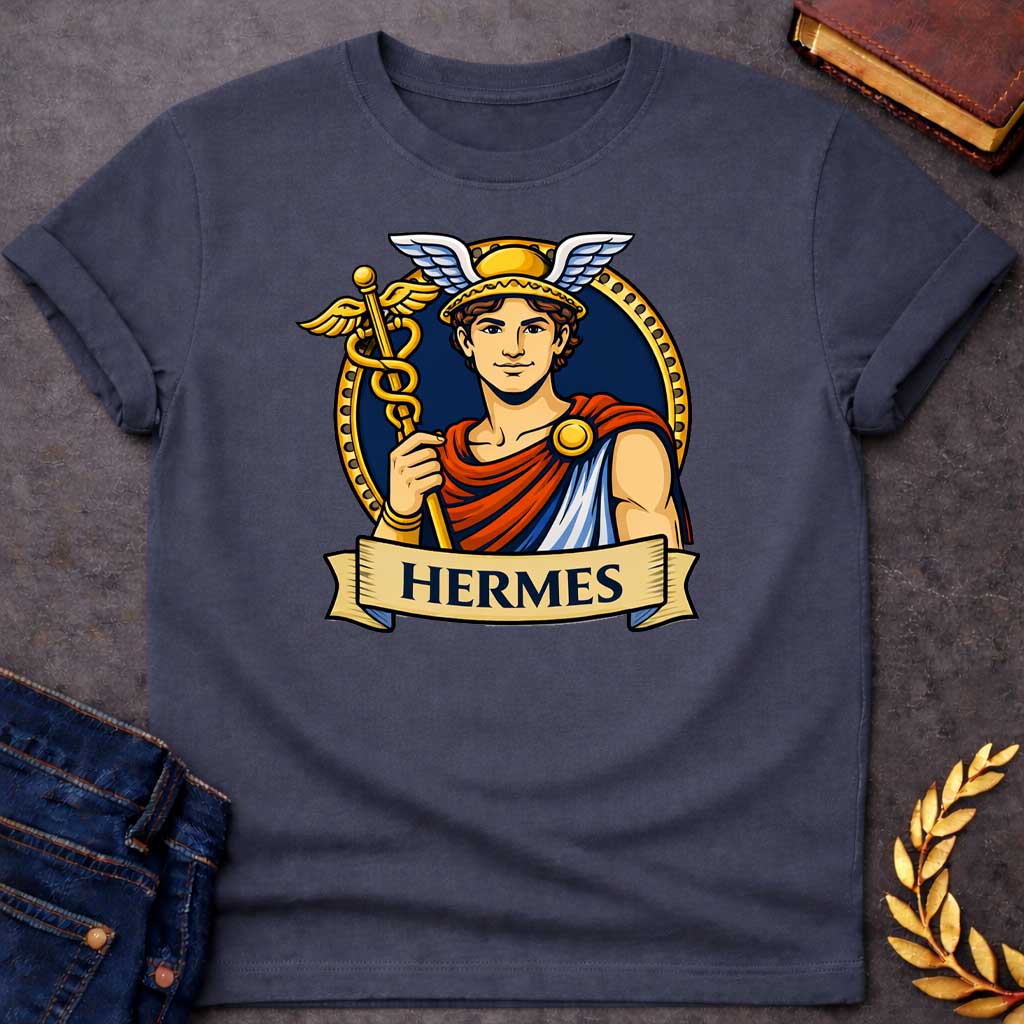 Dark Heather T-shirt graphic featuring a vibrant illustrated portrait of Hermes, the Greek Messenger God, as a young man with curly brown hair wearing a gold winged helmet, dressed in a red and blue draped robe fastened with a gold brooch, holding a golden caduceus staff entwined with two serpents and topped with wings. He is framed within a gold circular border against a navy background, with a scroll banner below reading "Hermes," in a bold tattoo-inspired style with navy, gold, and red tones