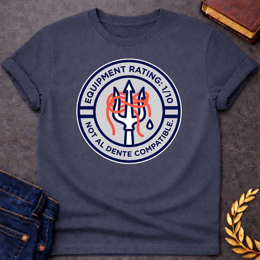 Dark Heather T-Shirt A circular patch-style graphic design. The design features a light gray inner circle surrounded by a thick navy blue border. In the center, a white trident outlined in navy blue has a tangle of bright orange spaghetti coiled around its tines. A single blue water droplet sits to the right of the trident's handle. The top half of the navy border contains the white text: "EQUIPMENT RATING: 1/10". The bottom half of the border contains the white text: "NOT AL DENTE COMPATIBLE." The enti