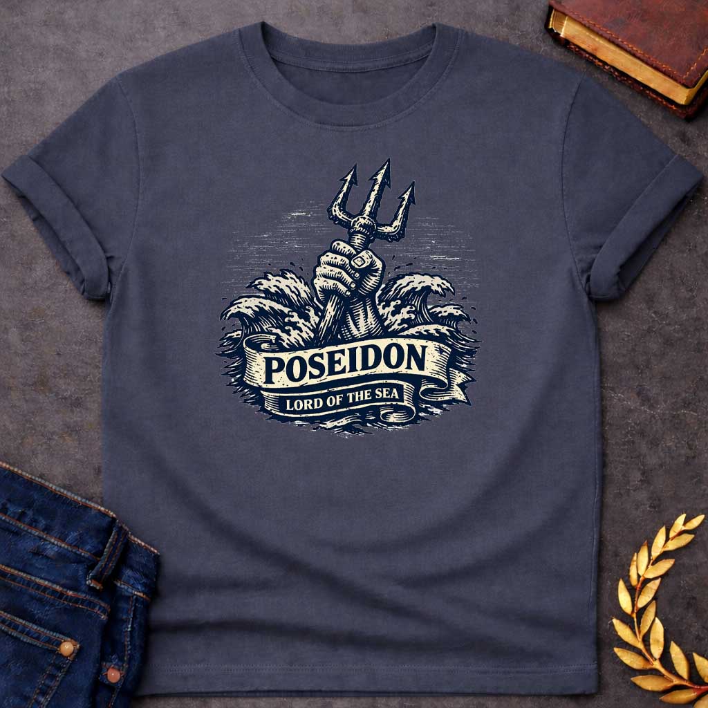 Dark Heather T-shirt graphic in a vintage nautical woodcut style featuring a powerful fist rising from crashing ocean waves while gripping a trident upright, with a scroll banner across the middle reading "Poseidon" above and "Lord of the Sea" below, referencing Poseidon, the Greek God of the Sea
