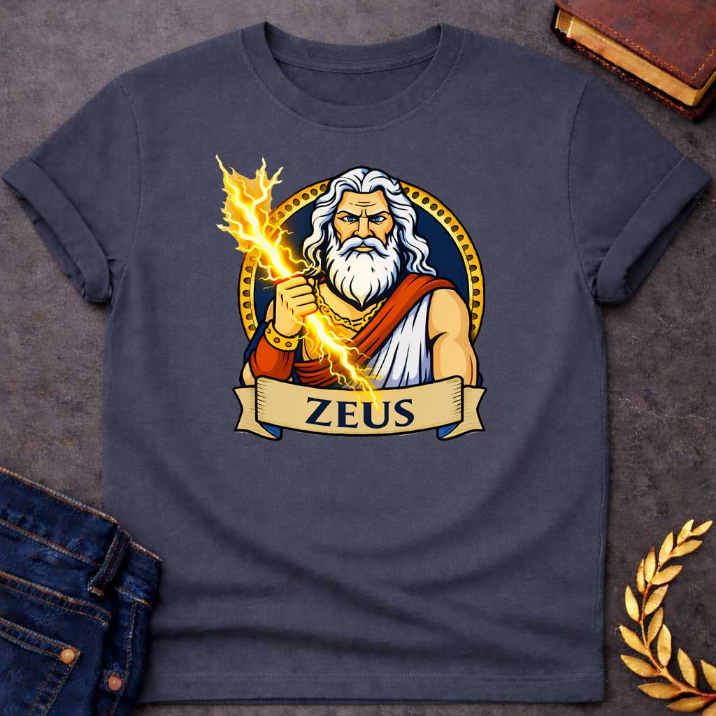 Dark Heather T-shirt graphic featuring a vibrant illustrated portrait of Zeus, the Greek King of the Gods, as a powerful older man with long wavy white hair and a full white beard, piercing blue eyes, wearing a white draped robe with a red sash and a gold chain necklace and bracelet, wielding a crackling golden lightning bolt. He is framed within a gold circular border against a navy background, with a scroll banner below reading "Zeus," in a bold tattoo-inspired style with navy, gold, and white tones