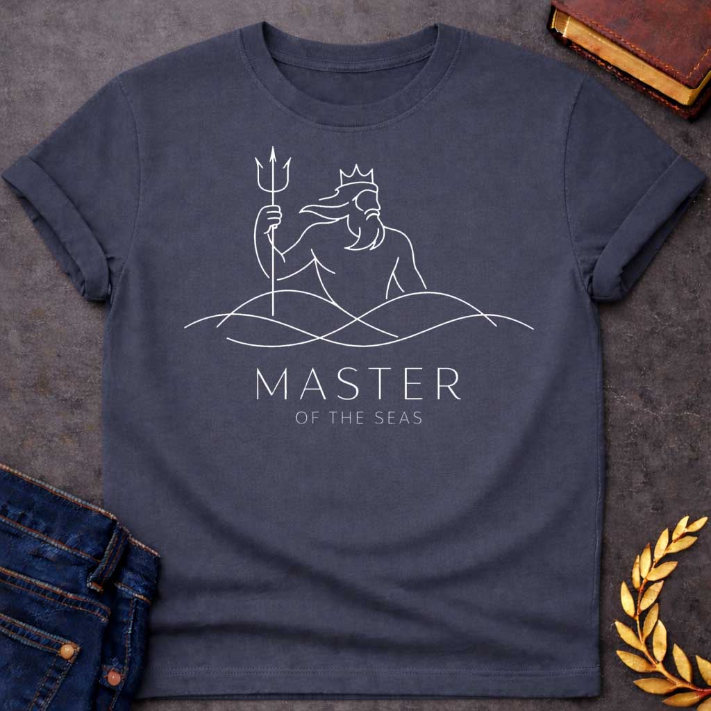 Dark Heather T-shirt graphic in white text featuring an elegant single-line art illustration of Poseidon wearing a crown, rising from stylized ocean waves while holding a trident, with refined spaced uppercase text below reading "MASTER" and smaller white text underneath reading "OF THE SEAS" — referencing Poseidon, the Greek God of the Sea, in a modern minimalist style