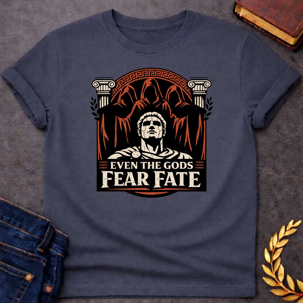Dark Heather shirt featuring a striking graphic design with a classical Greek aesthetic. In the center, a cracked marble bust of a Roman figure gazes upward, flanked by two Ionic columns. Looming behind the statue are three shadowy, hooded figures representing the Fates. The scene is enclosed in a circular Greek key border. The color palette is a bold trio of cream, burnt orange, and black. Below the art, the text reads "EVEN THE GODS" in a clean serif font and "FEAR FATE" in large, distressed block letters
