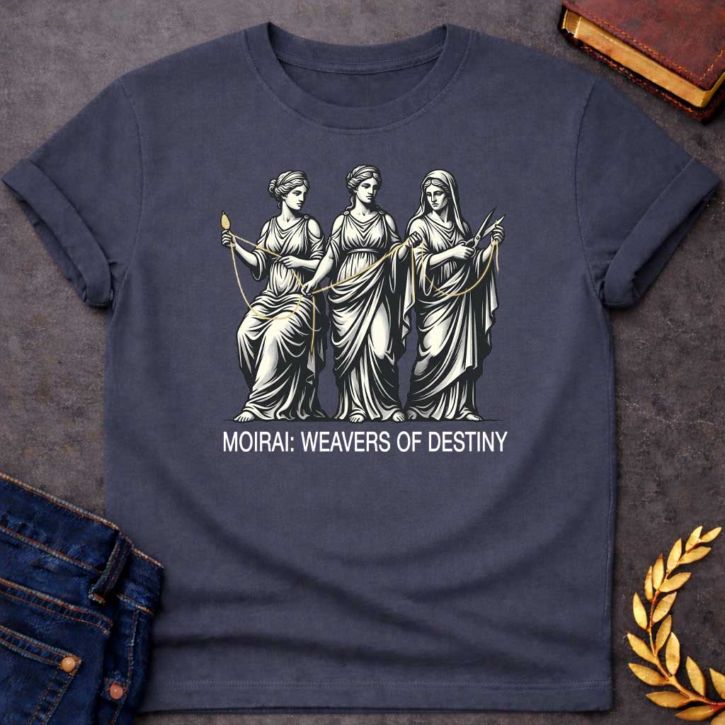 Dark Heather T-shirt graphic in cream and gold on black featuring a detailed classical engraving-style illustration of the three Moirai, the Greek Fates, depicted as robed women in draped Grecian gowns — the first seated and spinning a golden thread from a spindle, the middle measuring and guiding the thread, and the third holding scissors ready to cut — with a single golden thread visibly connecting all three figures. Bold white sans-serif text below reads "Moirai: Weavers of Destiny,"