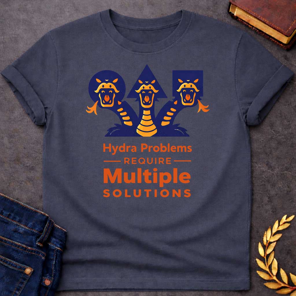 Dark Heather T-shirt with a graphic featuring a bold modern illustrated design of the Hydra, the multi-headed serpent of Greek mythology, depicted as three snarling orange and navy snake heads rising against geometric navy shapes a circle, triangle, and rectangle. Bold orange text below reads "Hydra Problems Require Multiple Solutions" with "Require" flanked by horizontal rules in a smaller weight