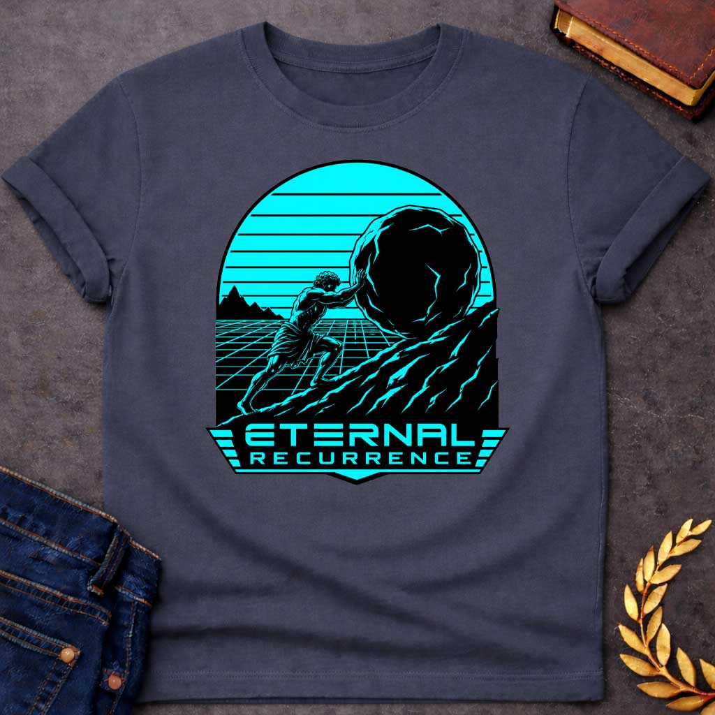 Dark Heather T-Shirt with a stylized, synthwave-inspired graphic design. The illustration features a muscular figure representing Sisyphus pushing a large boulder up a rocky hill. The background is a cyan-colored grid landscape with a setting sun, typical of 1980s retro aesthetics, all contained within an arched frame. Below the illustration, in a futuristic, bold cyan font, is the text "ETERNAL RECURRENCE,"