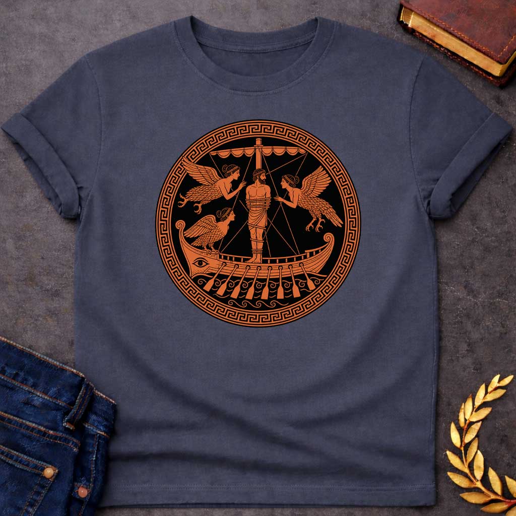Dark Heather T-Shirt with an Ancient Greek red-figure pottery design depicting Odysseus lashed to the mast of his ship as he encounters the Sirens. A bearded man is bound to the central mast, surrounded by three winged Sirens with women's heads and birds' bodies. The ship features an eye on the hull, oars, and decorative scrollwork. Rendered in terracotta orange against black, enclosed in a Greek key border. Represents the Homeric episode where Odysseus hears the Sirens' song without succumbing to their all
