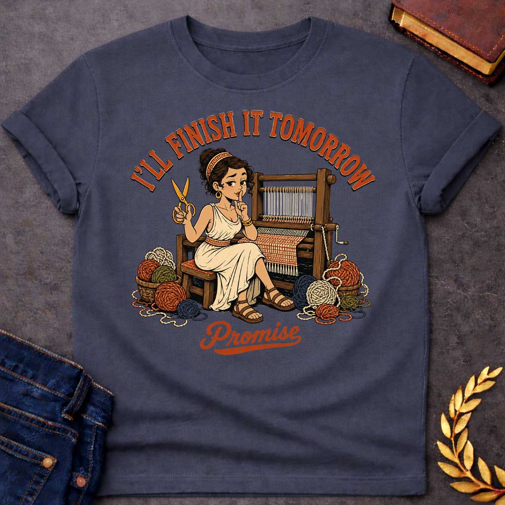 Dark Heather T-Shirt with a humorous cartoon of Penelope at a wooden loom, holding scissors and making a 'shh' gesture. She wears a cream chiton with Greek key pattern belt, with curly brown hair. Baskets of colorful yarn surround her. Text reads 'I'LL FINISH IT TOMORROW' above and 'Promise' below. Comedic reference to Penelope's famous delaying tactic of weaving and unweaving her shroud to avoid suitors, reframed as modern procrastination humor.