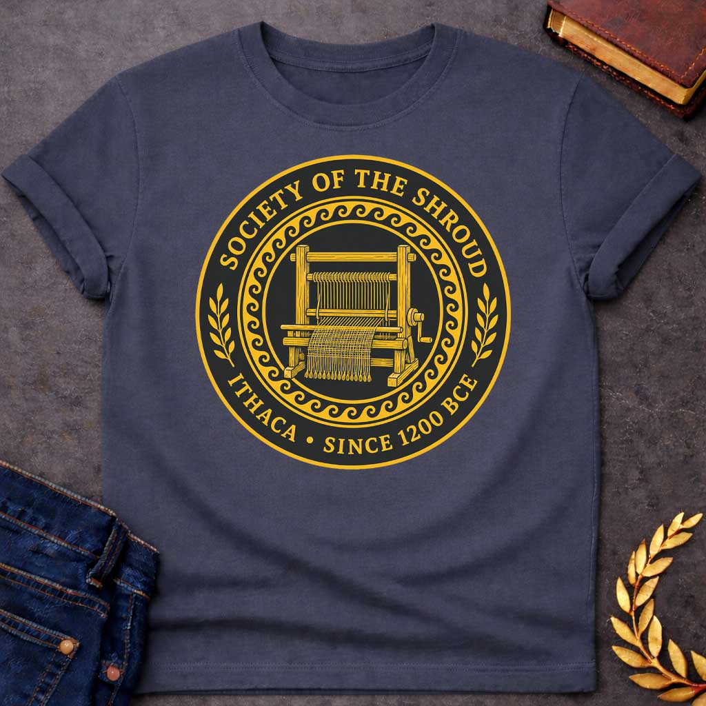Dark Heather T-Shirt with a circular emblem in gold and black featuring a detailed weaving loom at the center with partially woven fabric. Enclosed by a decorative wave pattern border. Text reads 'SOCIETY OF THE SHROUD' around the top arc, with 'ITHACA • SINCE 1200 BCE' along the bottom. Wheat sheaf motifs flank either side. References Penelope's famous shroud-weaving from Homer's Odyssey, styled as a formal organizational seal with classical Greek design elements.