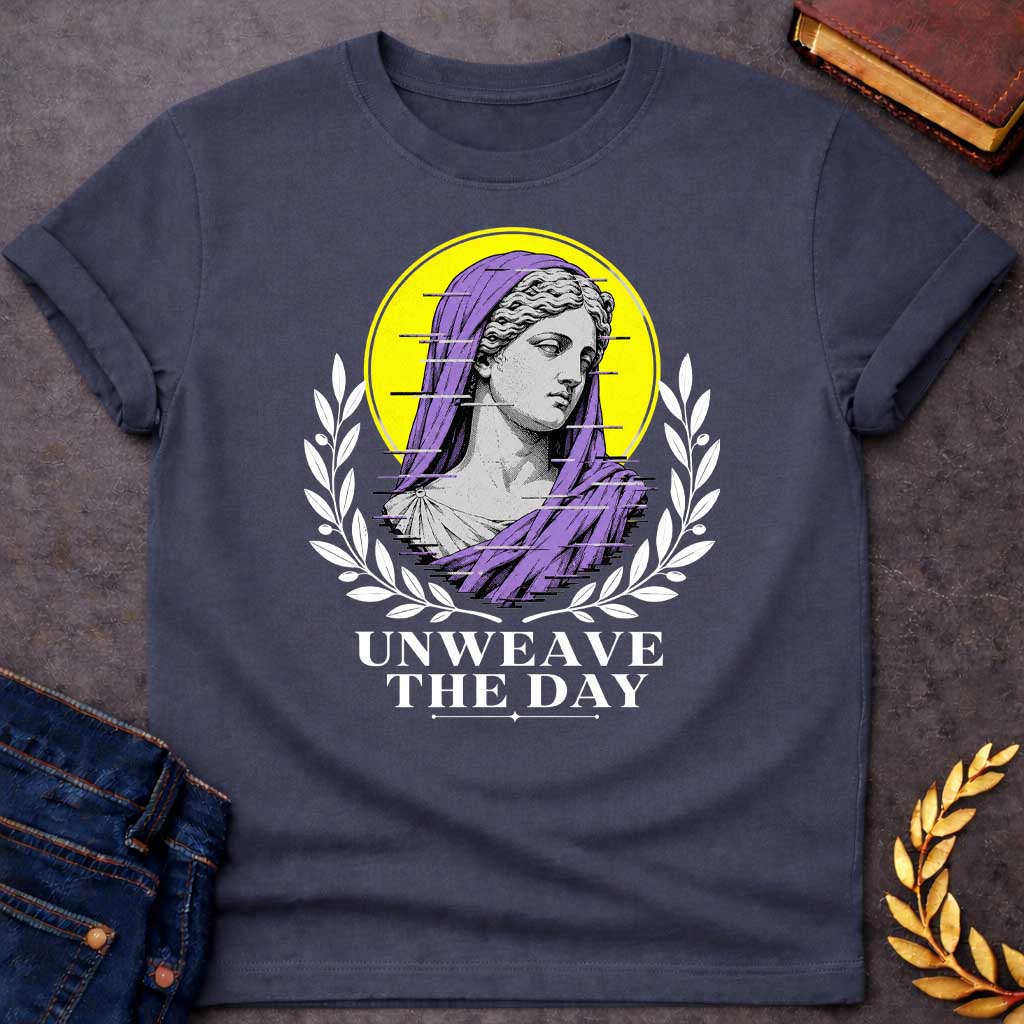 Dark Heather T-Shirt with a Modern vaporwave-style design featuring a classical Greek statue bust with digital glitch effect. Gray engraved figure wears purple veil against bright yellow circular background. Horizontal black glitch lines disrupt the image. Flanked by black olive branch wreaths. Bold text reads 'UNWEAVE THE DAY' below. References Penelope's nightly unweaving from The Odyssey, reimagined with contemporary digital aesthetic combining ancient Greek art with modern glitch art style.