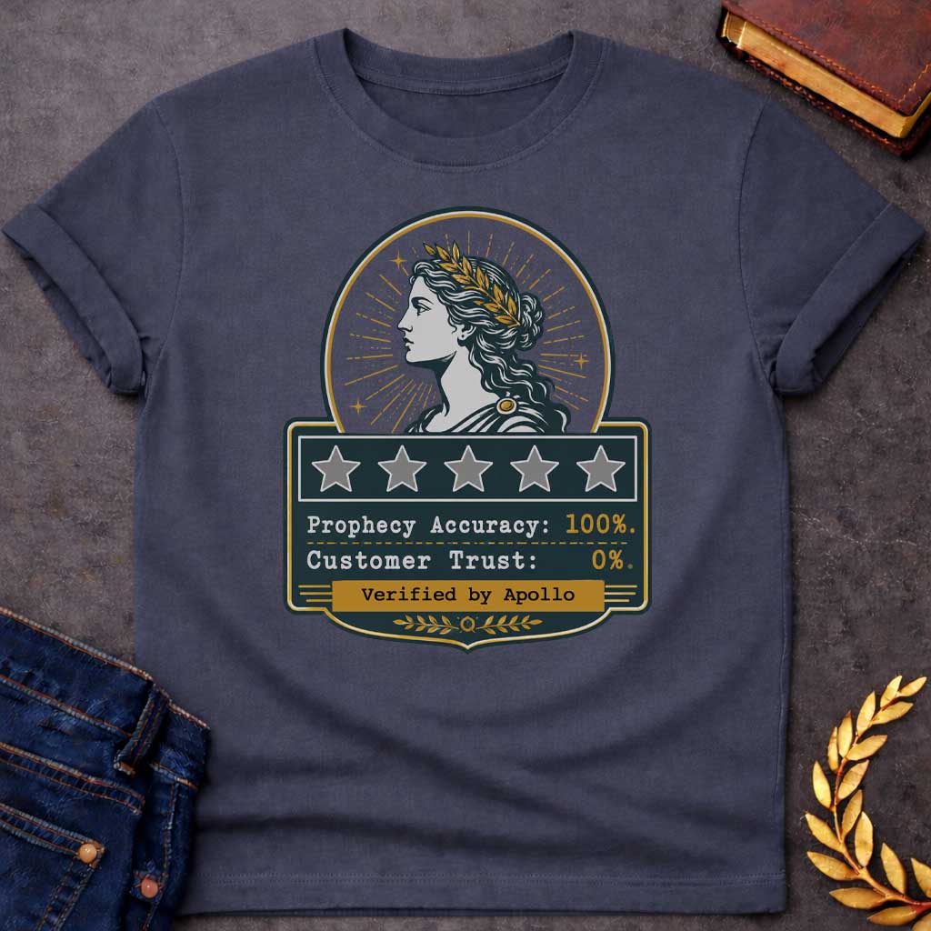 Dark Heather T-shirt with a satirical Greek mythology badge referencing Cassandra. The top features a vector profile of a woman wearing a gold laurel wreath with a radiant sunburst behind her. Below, a dark plaque displays five empty review stars. The text reads: "Prophecy Accuracy: 100%." and "Customer Trust: 0%." in a typewriter font. A gold banner at the bottom is stamped with "Verified by Apollo."
