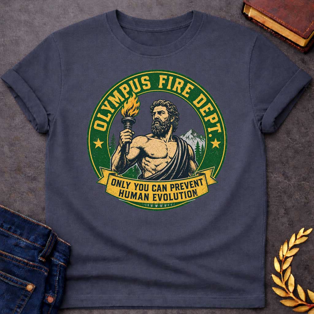 Dark Heather T-shirt with A satirical national park style badge featuring Prometheus or Zeus holding a burning torch. The central vector portrait is set against mountains and pine trees. A distressed green circular frame reads "OLYMPUS FIRE DEPT." in a bold yellow font flanked by two stars. A yellow banner draped across the bottom features the humorous tagline: "ONLY YOU CAN PREVENT HUMAN EVOLUTION" in clean block letters.