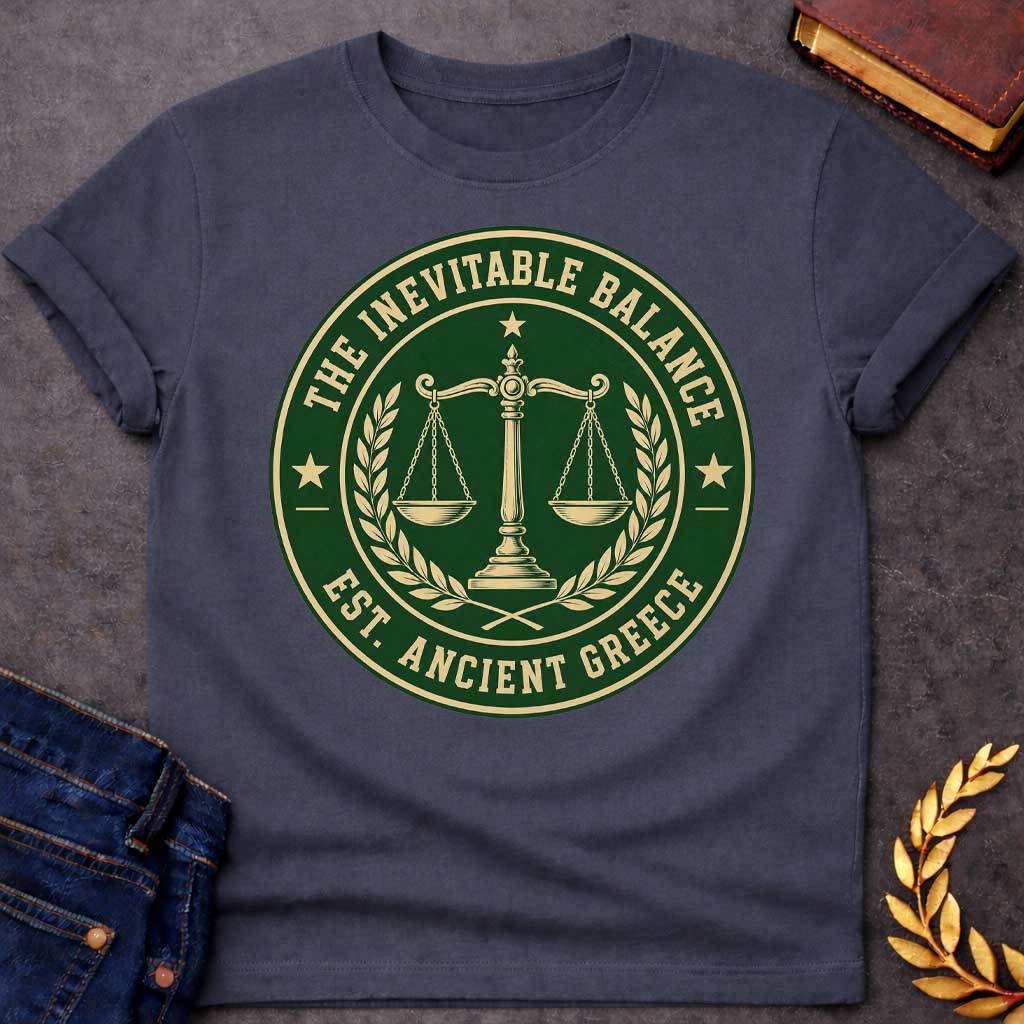 Dark Heather T-shirt with a Circular seal design in forest green and cream featuring balanced scales of justice at center, with a torch flame above. Olive wreaths frame the scales on either side. Stars appear at cardinal points. Text reads 'THE INEVITABLE BALANCE' around top arc and 'EST. ANCIENT GREECE' along the bottom. Classic emblem style referencing Nemesis, the Greek goddess of divine retribution and cosmic balance. Formal, authoritative design celebrating justice and equilibrium.