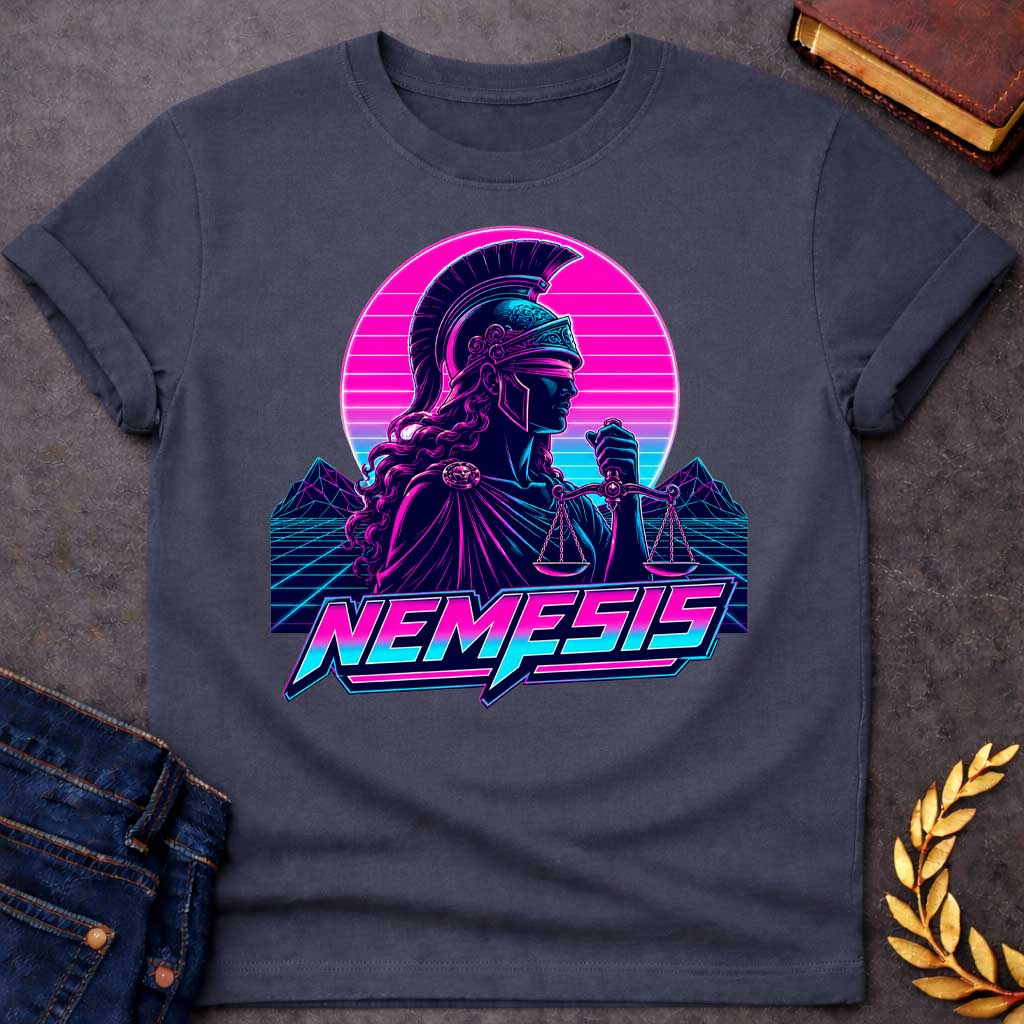 Dark Heather T-shirt with a vaporwave-style retro illustration of Nemesis, the Greek goddess of divine retribution, rendered in neon magenta, cyan, and purple. She wears a crested Corinthian helmet and flowing robes, holding scales of justice. Behind her, a geometric sun with horizontal gradient stripes in pink and blue. Stylized mountains and grid landscape below. Bold neon text reads 'NEMESIS' in futuristic lettering. 1980s synthwave aesthetic celebrating the goddess of balance and justice.