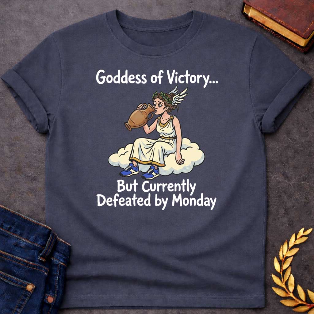 Dark Heather T-shirt with a humorous cartoon of Nike, the Greek goddess of victory, sitting exhausted on a cloud. She wears a cream chiton with gold trim and laurel wreath, holding a large victory amphora. Modern blue sneakers provide comedic contrast. Text reads 'Goddess of Victory...' above and 'But Currently Defeated by Monday' below. Blends classical Greek mythology with relatable modern humor about Monday exhaustion and weekly workplace struggles.
