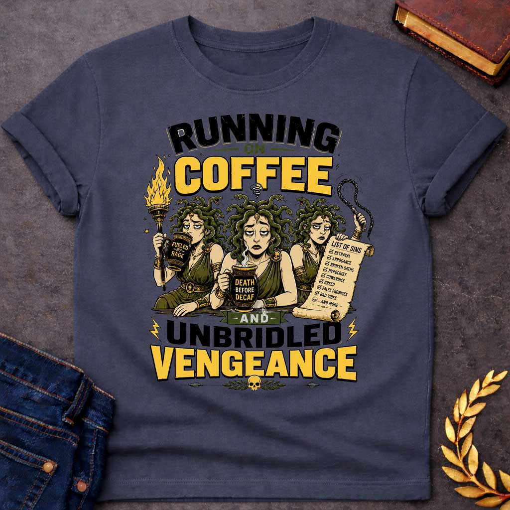 Dark Heather T-shirt with a Humorous illustration blending Greek mythology with coffee culture. Three Furies with serpent hair wear classical robes holding symbols of vengeance. Left holds a flaming torch labeled 'Fueled by Rage,' center holds a coffee cup reading 'Death Before Decaf,' right carries a scroll listing sins. Text reads 'Running on Coffee and Unbridled Vengeance' above and below. Gold and black scheme celebrates divine justice powered by caffeine addiction.