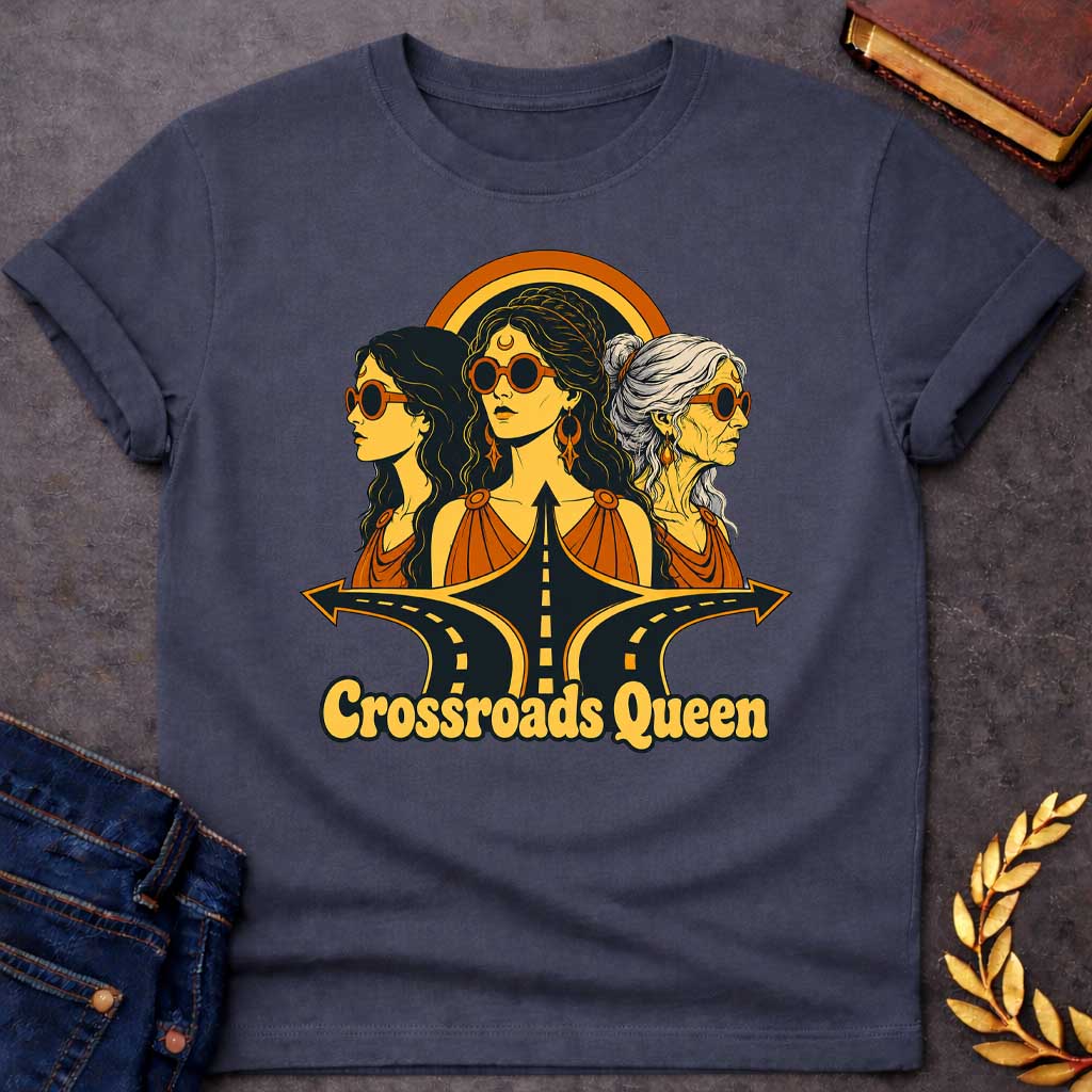 Dark Heather T-shirt with a Glamorous retro illustration of Hecate as 'Crossroads Queen' in gold and orange with 70s aesthetic. Three female faces wear oversized round sunglasses and gold jewelry including crescent moon symbols and hoops. Center figure wears a crescent moon bindi. All wear draped orange clothing. A golden halo radiates behind them. Below, stylized black roads with yellow center lines converge at a crossroads. Text reads 'Crossroads Queen' in gold.