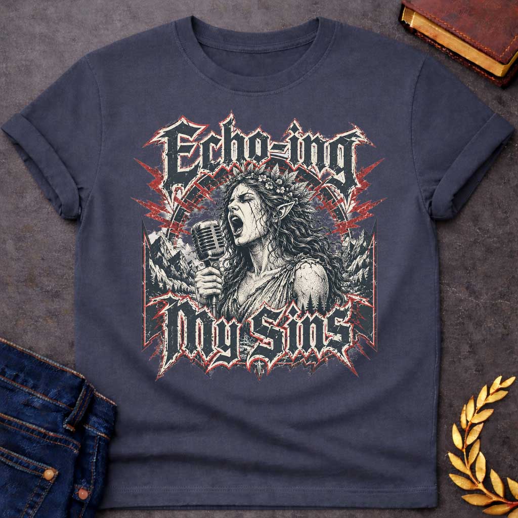Dark Heather T-shirt with a Heavy metal band aesthetic featuring Echo from Greek mythology as a powerful vocalist. A woman with long wavy hair and leaf crown holds a vintage microphone, singing passionately. Black and white engraving style with red lightning accents. Dark mountainous landscape frames the scene. Text reads 'ECHO-ING MY SINS' in aggressive metal lettering with spiky ornamental borders. Clever wordplay combines the mythological nymph with modern rock rebellion and vocal empowerment.