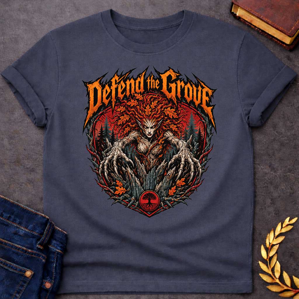 Dark Heather T-shirt with a heavy metal style t-shirt graphic featuring an aggressive, monstrous dryad in a dark forest. She has fiery red and orange autumn leaf hair and sharp, root-like claws extending forward. Above the central circular graphic, the phrase "Defend the Grove" is written in a jagged, spiky orange death metal font. A small circular tree icon rests at the bottom center of the intense design
