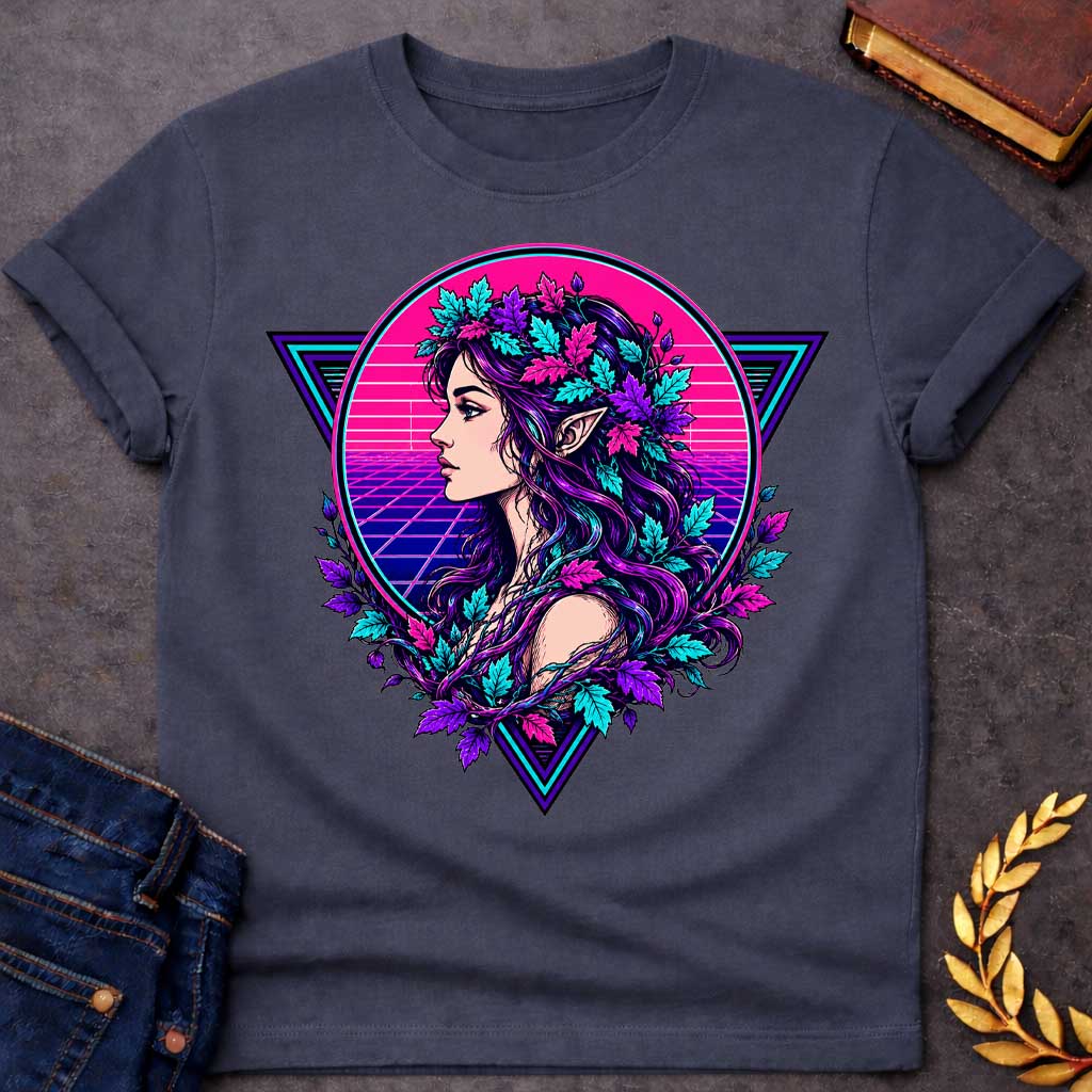Dark Heather T-shirt with a vibrant 1980s synthwave-style graphic. A stylized dryad silhouette emerges from a geometric wireframe tree, set against a glowing neon pink and cyan sun. The background features a classic retrowave perspective grid and retro palm tree outlines. The vivid color palette combines neon pinks, purples, and electric blues for a retro-futuristic, nostalgic, and high-contrast summer aesthetic.