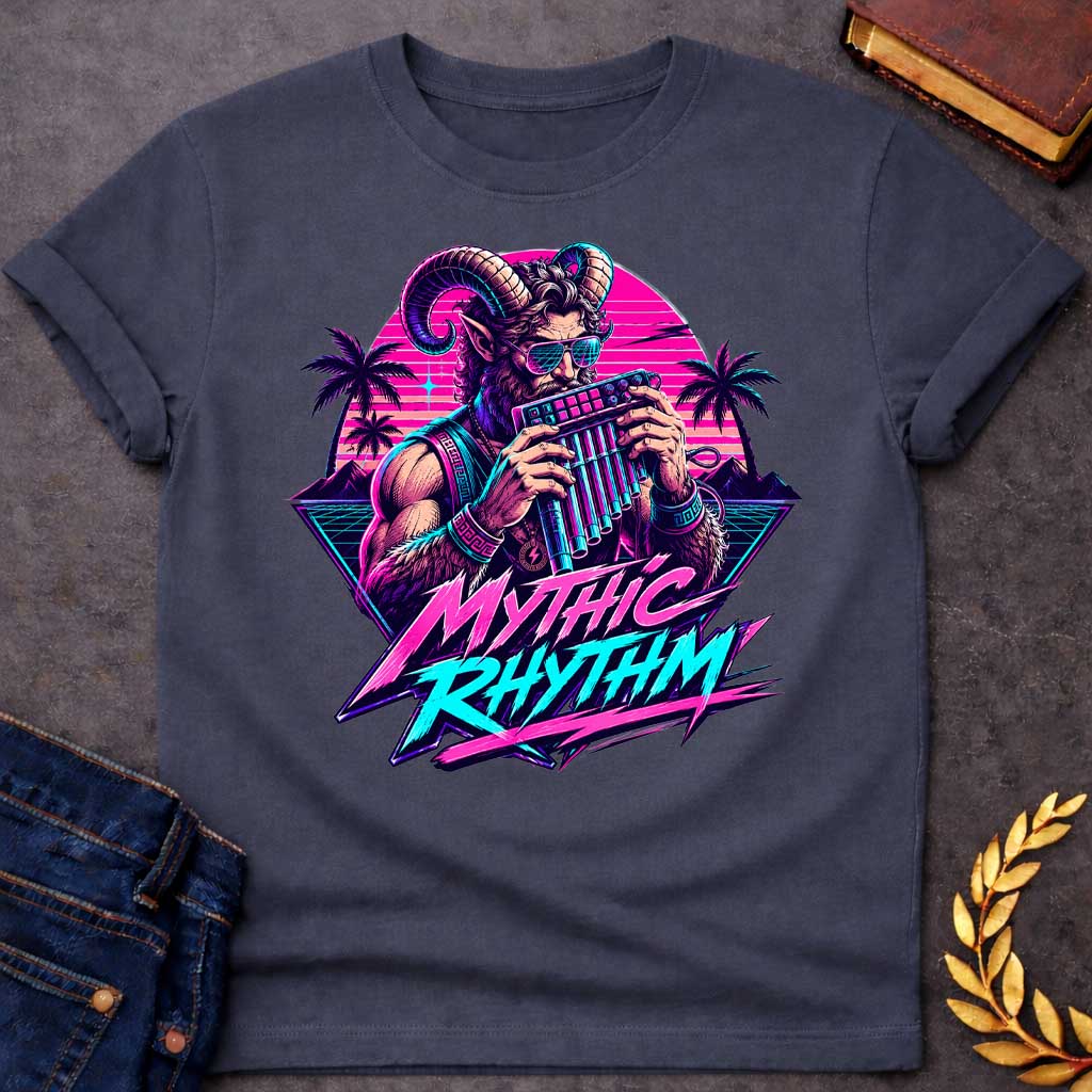 Dark Heather T-shirt with a Vaporwave-style illustration of a satyr in neon magenta and cyan, holding a pan flute and modern music production keyboard. The bearded figure wears sunglasses with gradient frames and ornamental bracelets with Greek key patterns. Framed by tropical palm trees and geometric mountains with scan line effects. Text reads 'MYTHIC RHYTHM' in bold magenta and cyan lettering with zigzag effects. Blends classical Greek mythology with modern electronic music culture and retro digital aest