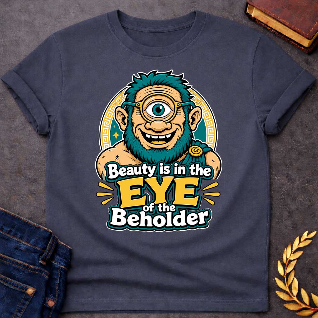 Dark Heather T-shirt with a Humorous graphic design featuring a cheerful creature with exaggerated facial features inspired by Argus Panoptes, the many-eyed giant from Greek mythology. A large teal eye with a golden monocle dominates the character's smiling face. Teal spiky hair and beard contrast with peachy skin tones. Greek key pattern borders frame the design in gold and teal. Text reads 'Beauty is in the Eye of the Beholder' in bold white and yellow lettering. Playful visual pun celebrating perspective