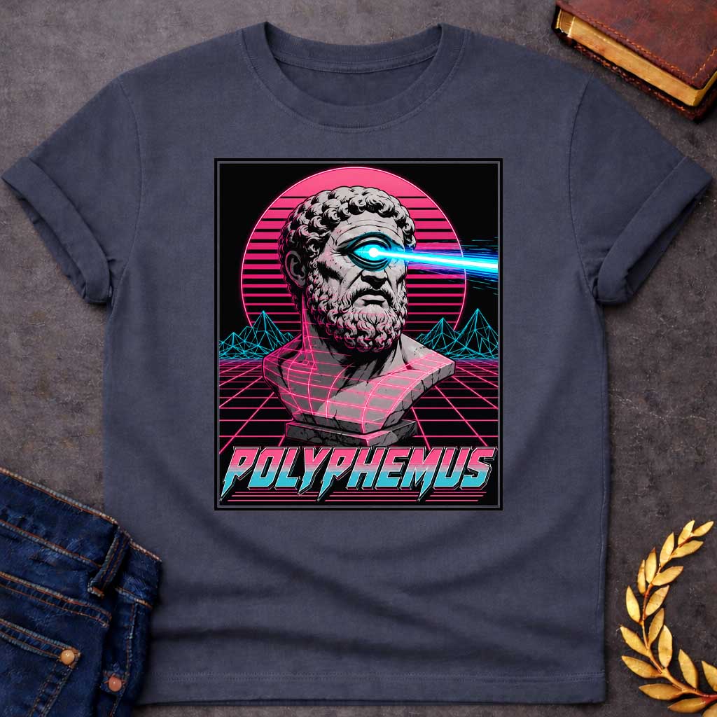 Dark Heather T-shirt with a Vaporwave-style illustration of Polyphemus, the Cyclops from Greek mythology. A classical bust with curly beard displays a single large eye shooting a bright cyan laser beam. Magenta and cyan neon color palette with horizontal scan lines. Geometric wireframe mountains and grid floor pattern create a retro digital landscape. Pink sun rises behind the figure. Text reads 'POLYPHEMUS' in stylized magenta and cyan lettering. Blends classical mythology with synthwave aesthetic.