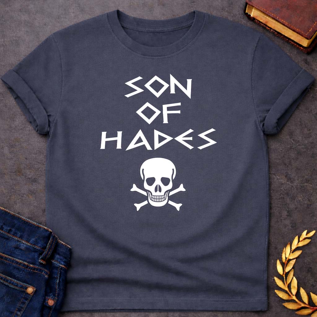 Son of Hades Greek Mythology Adult T-Shirt featuring underworld king, skull motifs, dark Greek mythology design