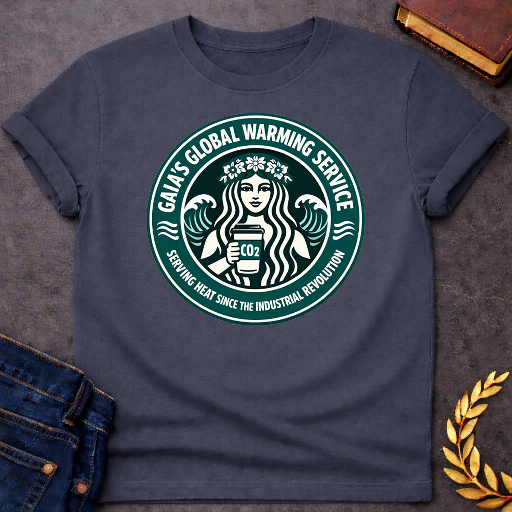 gaia global warming service greek mythology adult shirt featuring detailed Greek mythology artwork, symbolic design, and bold graphic style