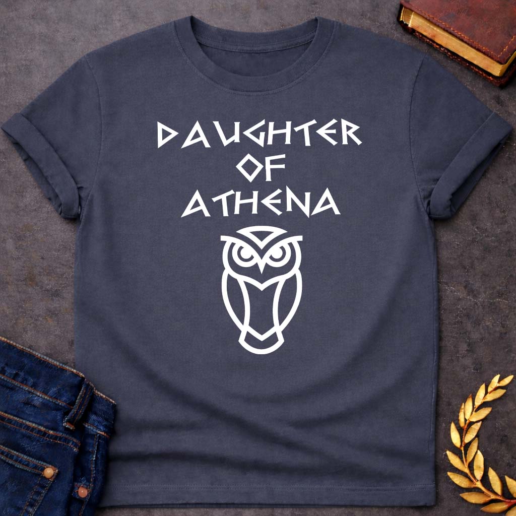 daughter of athena unisex softstyle adult t shirt featuring owl, laurel wreath, wisdom symbolism in vintage Greek mythology design