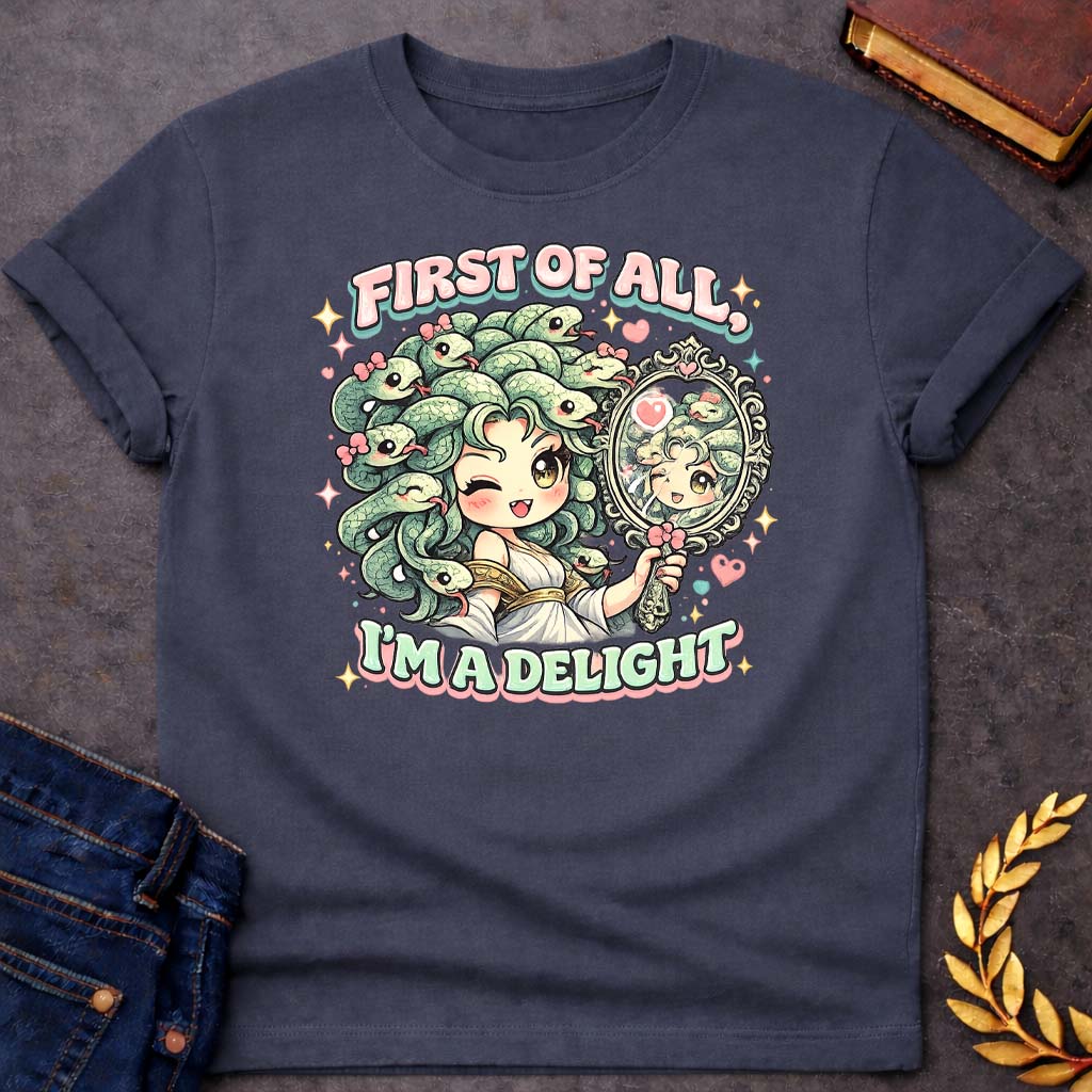 medusa first of all im a delight kawaii style greek mythology adult shirt featuring detailed Greek mythology artwork, symbolic design, and bold graphic style