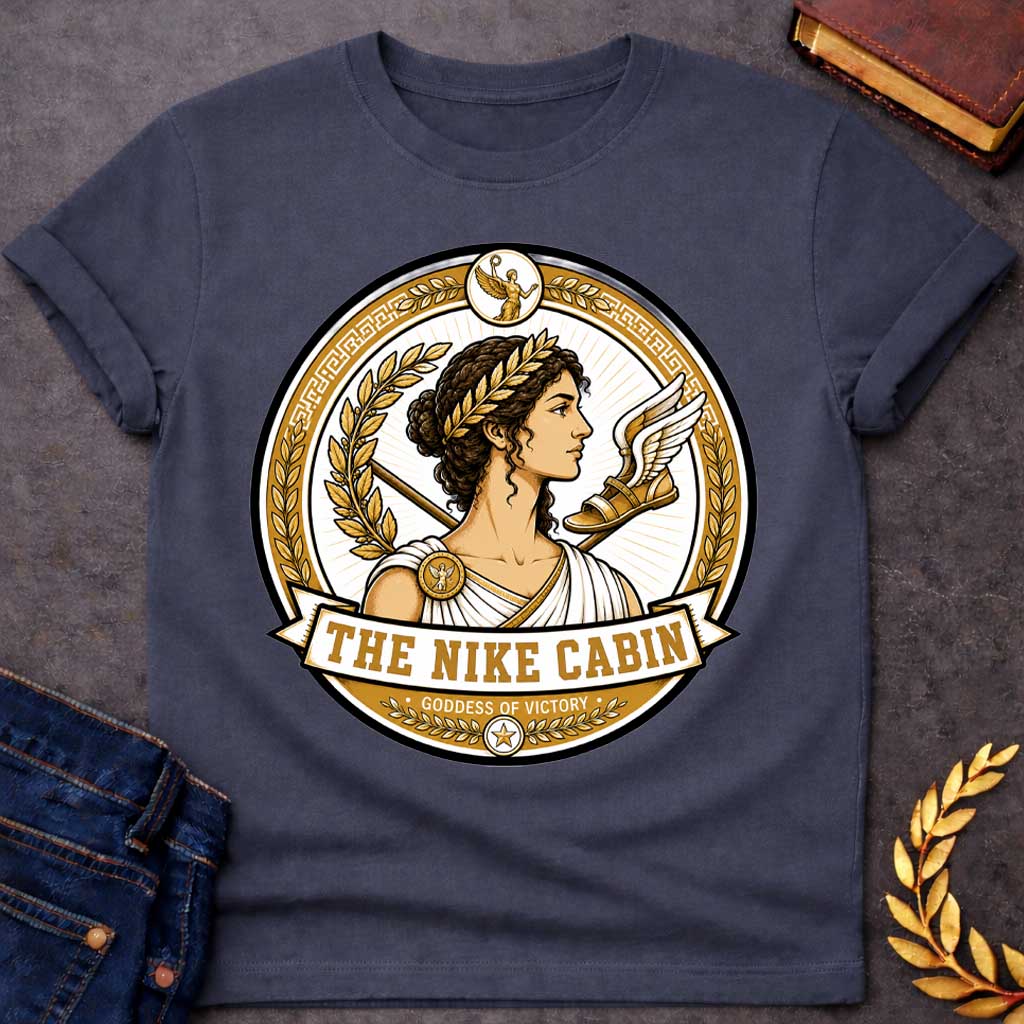 Dark Heather t-shirt with a Nike Greek mythology cabin design featuring the goddess of victory in a detailed gold and white circular emblem. Nike wears a laurel crown and classical robes, surrounded by golden laurel branches, a spear, winged sandal, Greek key patterns, and victory symbols. Text reads “The Nike Cabin” and “Goddess of Victory,”
