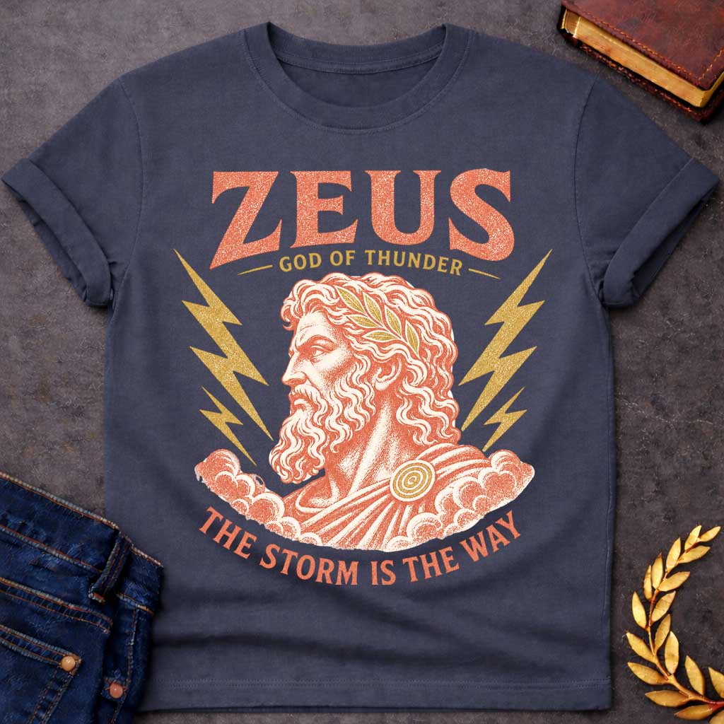 Dark Heather t-shirt with a Vintage Zeus Greek mythology design featuring the bearded god of thunder wearing a golden laurel crown, surrounded by lightning bolts and storm clouds. Distressed terracotta and gold artwork includes the text “Zeus,” “God of Thunder,” and “The Storm Is the Way,”