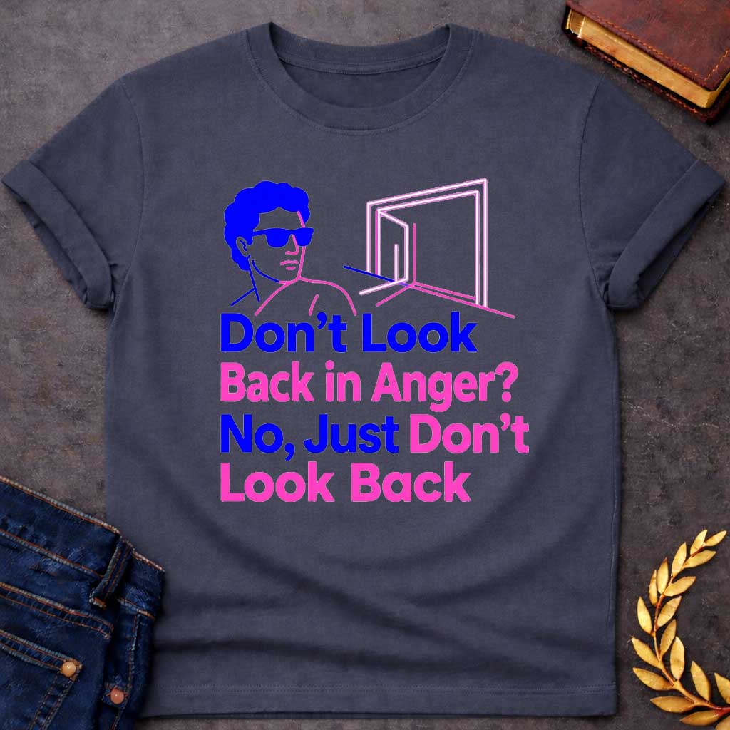 Dark Heather t-shirt in bold retro pop-art line style: a blue-outlined man in sunglasses (Orpheus-inspired) faces away from a glowing pink doorway. Large stacked text below alternates between blue and pink lettering