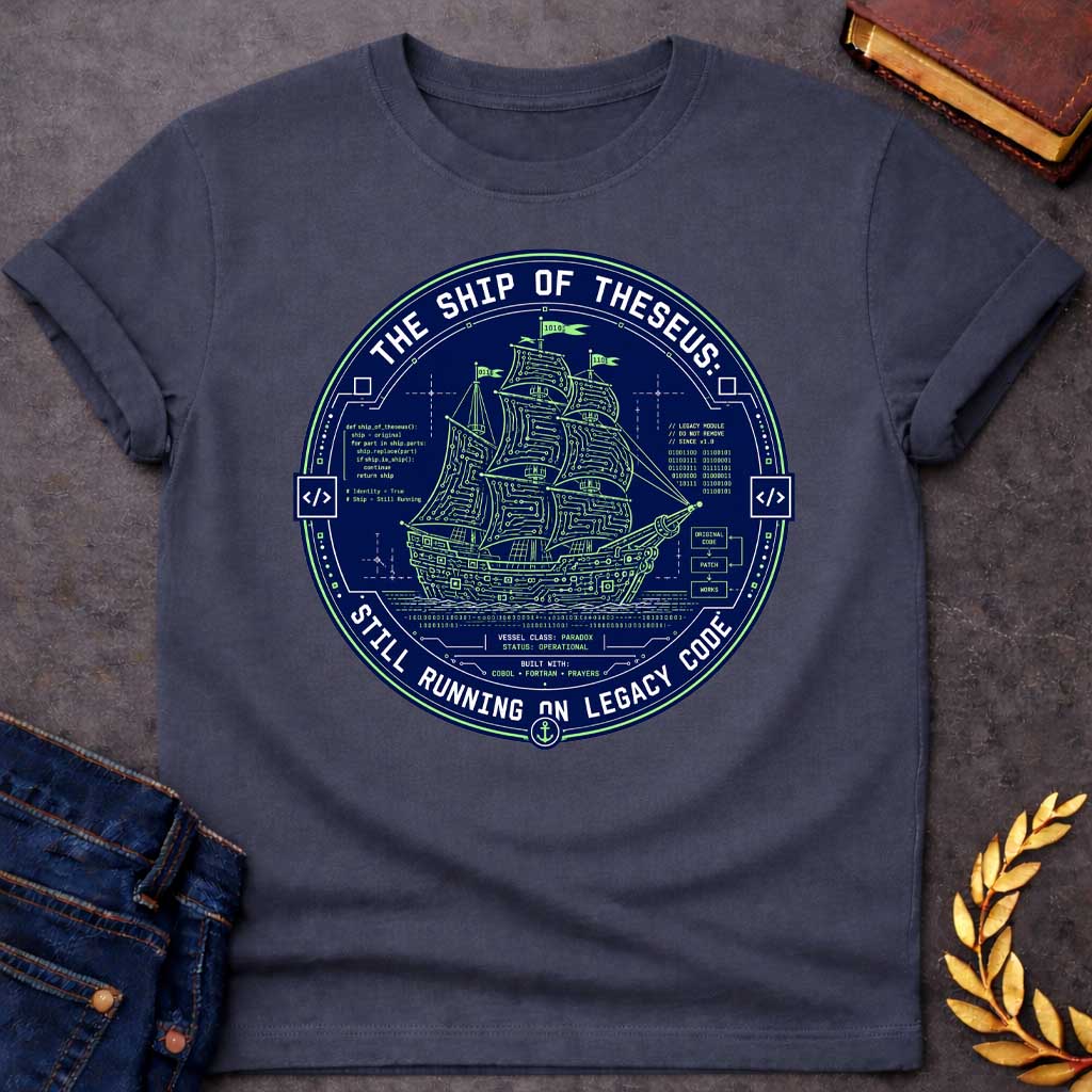 Dark Heather T-shirt with A Techno-philosophical badge featuring the mythological Ship of Theseus rendered as a circuit board schematic in neon green and navy blue. Classical sailing vessel integrated with computer code, binary, and technical diagrams. Text reads 'The Ship of Theseus Still Running on Legacy Code.' Code snippets reference the philosophical paradox. Bottom states 'Built with: COBOL, FORTRAN, Prayers.' Clever design merges ancient Greek philosophy with software engineering humor and technical