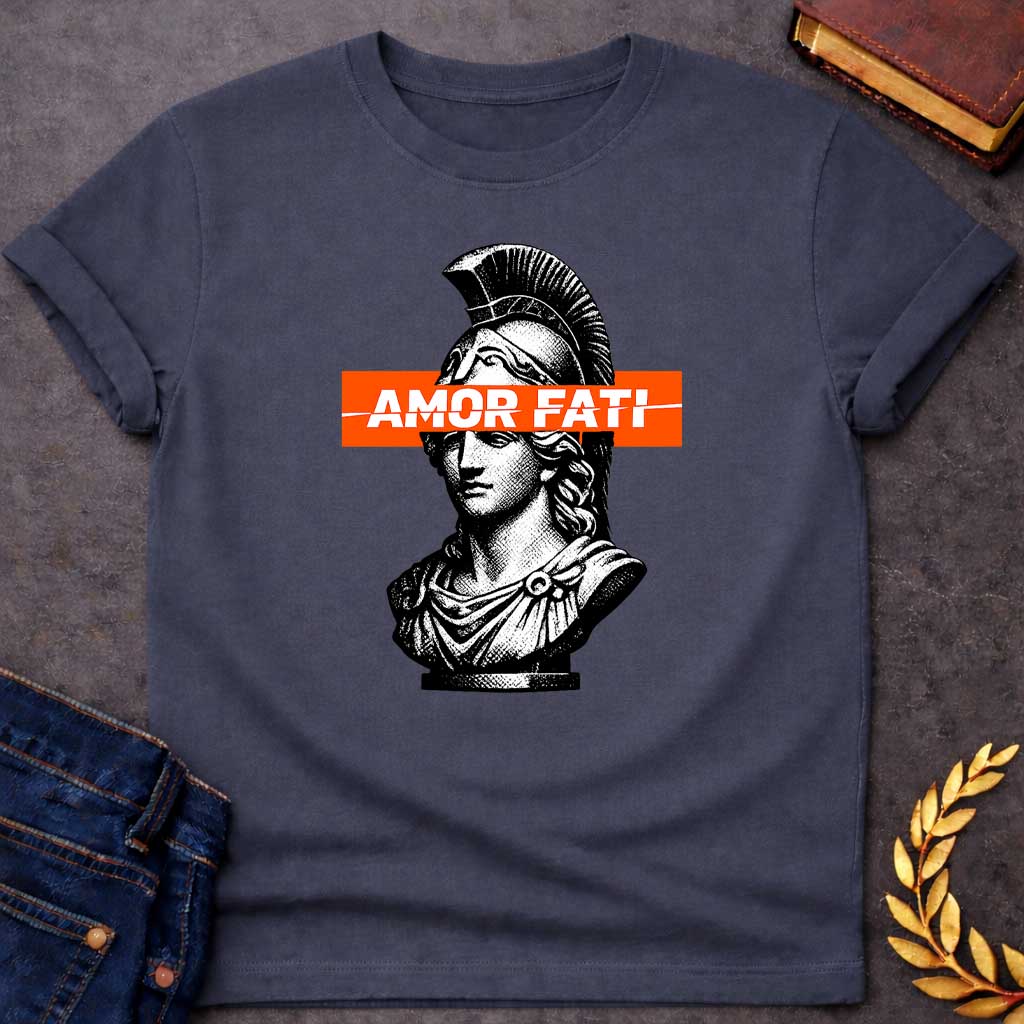 athena amor fati greek mythology adult t shirt featuring owl, laurel wreath, wisdom symbolism in vintage Greek mythology design