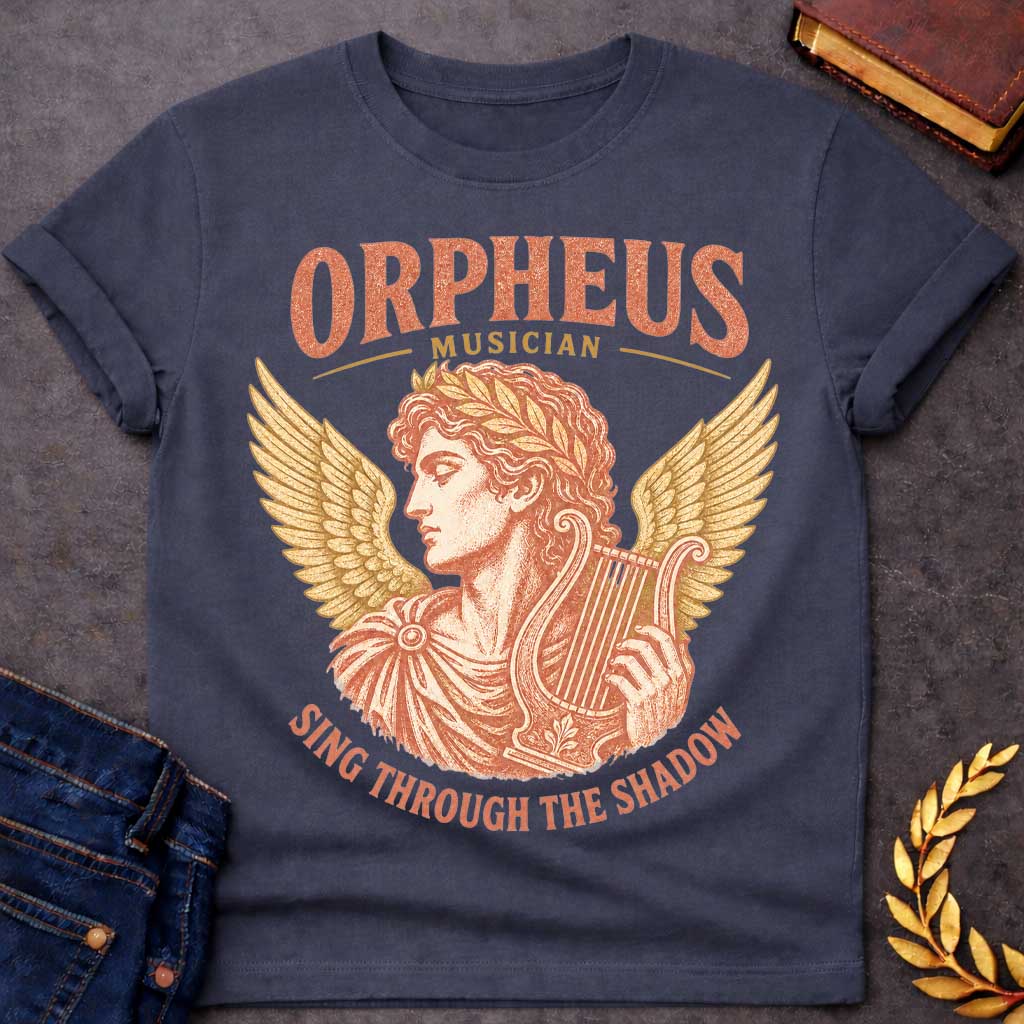 Dark Heather t-shirt with a Vintage Orpheus Greek mythology design featuring the legendary musician in profile wearing a laurel crown and holding a classical lyre, framed by golden wings. Distressed terracotta and gold artwork includes the text “Orpheus,” “Musician,” and “Sing Through the Shadow,” inspired by the tragic myth of Orpheus and Eurydice.