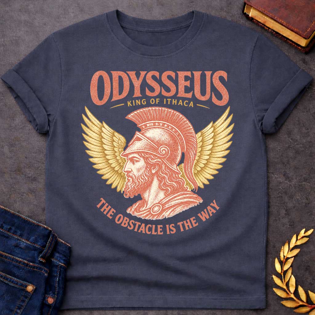 Dark Heather t-shirt with a Vintage Odysseus Greek mythology design featuring the legendary King of Ithaca in profile wearing a classical crested helmet, framed by large golden wings. Distressed terracotta and gold artwork includes the text “Odysseus,” “King of Ithaca,” and “The Obstacle Is the Way,” inspired by The Odyssey and his legendary journey home.