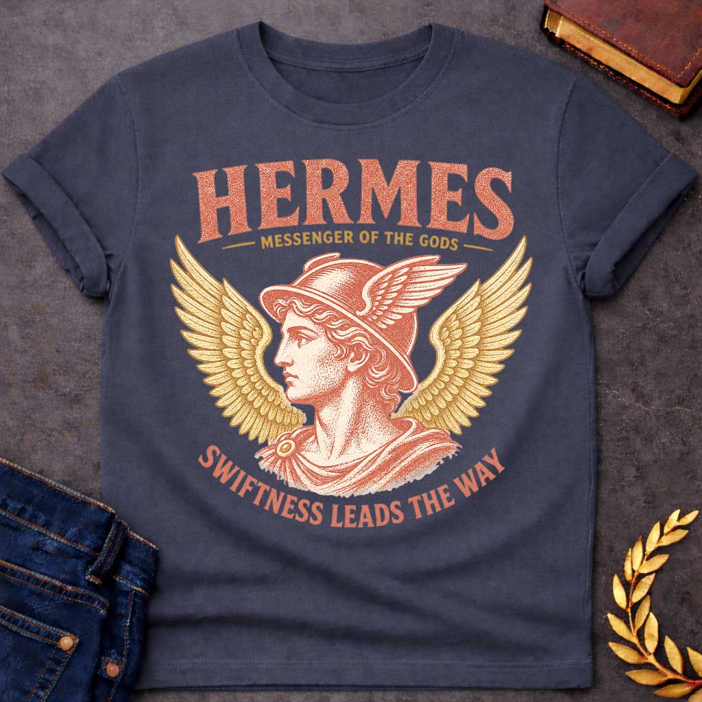 Dark Heather t-shirt with a Vintage Hermes Greek mythology design featuring the Messenger of the Gods in profile wearing his iconic winged helmet, framed by large golden wings. Distressed coral and gold artwork creates an antique classical style with bold text reading “Hermes Messenger of the Gods” and “Swiftness Leads the Way.”