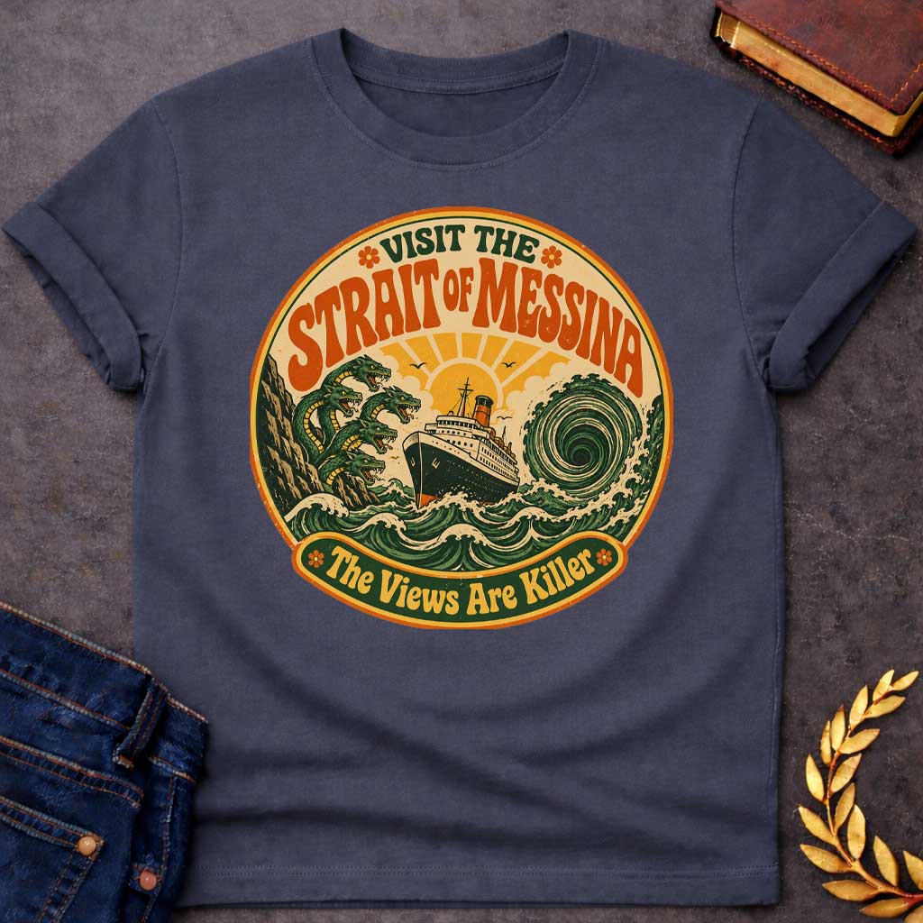 Dark Heather t-shirt with A retro 70s travel-poster style design. Inside a circular badge with a warm sunset, a vintage ocean liner sails between six-headed serpent Scylla and a swirling green whirlpool. Arched bold orange text reads "VISIT THE STRAIT OF MESSINA" at the top, while a bottom banner reads "The Views Are Killer" flanked by small flower icons in a distressed groovy aesthetic.