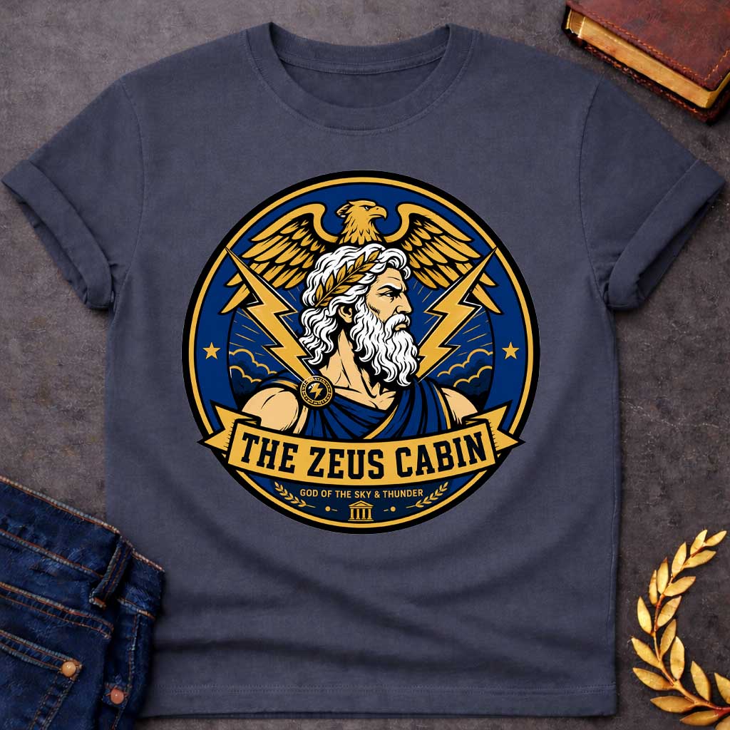 Dark Heather t-shirt with a Zeus Greek mythology cabin design featuring the bearded god of the sky and thunder with a laurel crown, golden eagle, lightning bolts, storm clouds, and Greek temple symbol. Bold blue, gold, white, and black circular camp-style emblem includes the text “The Zeus Cabin” and “God of the Sky & Thunder.”