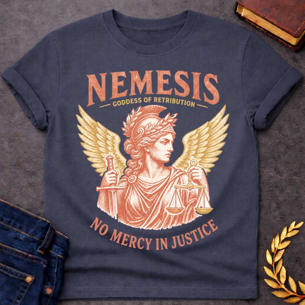 Dark Heather t-shirt with a Vintage Nemesis Greek mythology design featuring the goddess of retribution in a classical helmet and laurel crown, holding a sword and scales of justice. Large golden wings frame the distressed terracotta portrait. Text reads “Nemesis,” “Goddess of Retribution,” and “No Mercy in Justice.”